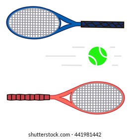 Illustration on theme big colored kit racket sport accessories, ball for tennis. Sport consisting of collection racket to game tennis, good ball. Ball and racket it sport equipment from tennis.