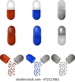 Illustration on theme big colored set different types of pills inside close blister. Pill pattern consisting of collection blisters with quality control. Plastic blister from remedy pill paracetamol.