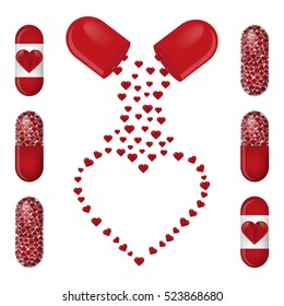 Illustration on theme big colored set different types of pills inside close blister. Pill pattern consisting of collection blisters with quality control. Plastic blister from remedy pill paracetamol.