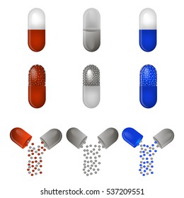 Illustration on theme big colored set different types of pills inside close blister. Pill pattern consisting of collection blisters with quality control. Plastic blister from remedy pill paracetamol.