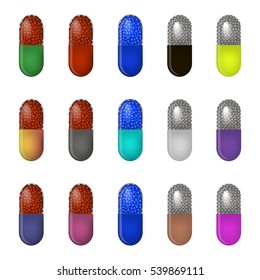Illustration on theme big colored set different types of pills inside close blister. Pill pattern consisting of collection blisters with quality control. Plastic blister from remedy pill paracetamol.
