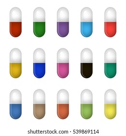 Illustration on theme big colored set different types of pills inside close blister. Pill pattern consisting of collection blisters with quality control. Plastic blister from remedy pill paracetamol.