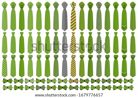 Illustration on theme big colored set neckties different types, bow tie various size. Necktie consisting of collection textile garments bow tie for beauty. Bow tie is accessory brutal man in necktie.