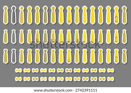 Illustration on theme big colored set neckties different types, bow tie various size, necktie consisting of collection textile garments bow tie for beauty, bow tie is accessory brutal man in necktie
