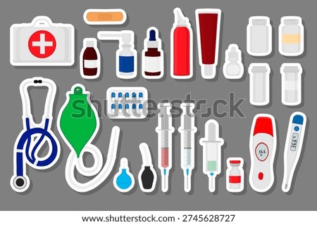 Illustration on theme big colored set different types of syrup in vial, stethoscope for hospital, stethoscope consisting of collection accessory syrups, main medicine symbol is stethoscope and syrup