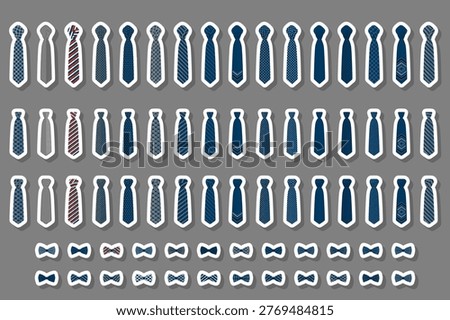 Illustration on theme big colored set neckties different types, bow tie various size, necktie consisting of collection textile garments bow tie for beauty, bow tie is accessory brutal man in necktie