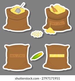 Illustration on theme of big food set from tasty corn flour in large textured sacks, corn flour pattern consisting of savory food in organic eco sacks, open sacks with corn flour inside food warehouse