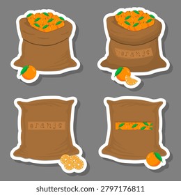 Illustration on theme of big fruit set from tasty orange in large textured sacks, orange pattern consisting of savory fruit in organic eco sacks, open sacks with orange inside fruit warehouse