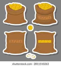 Illustration on theme of big fruit set from tasty apple in large textured sacks, apple pattern consisting of savory fruit in organic eco sacks, open sacks with apple inside fruit warehouse