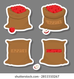 Illustration on theme of big fruit set from tasty apple in large textured sacks, apple pattern consisting of savory fruit in organic eco sacks, open sacks with apple inside fruit warehouse