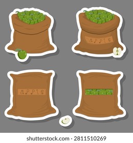 Illustration on theme of big fruit set from tasty apple in large textured sacks, apple pattern consisting of savory fruit in organic eco sacks, open sacks with apple inside fruit warehouse