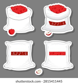 Illustration on theme of big fruit set from tasty apple in large textured sacks, apple pattern consisting of savory fruit in organic eco sacks, open sacks with apple inside fruit warehouse