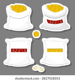 Illustration on theme of big fruit set from tasty apple in large textured sacks, apple pattern consisting of savory fruit in organic eco sacks, open sacks with apple inside fruit warehouse