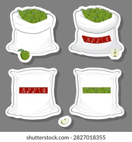 Illustration on theme of big fruit set from tasty apple in large textured sacks, apple pattern consisting of savory fruit in organic eco sacks, open sacks with apple inside fruit warehouse
