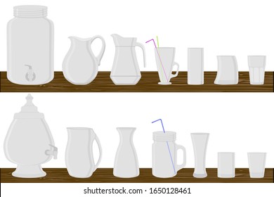 Illustration on theme big kit different types glassware, jugs various size. Glassware consisting of organic plastic jugs for fluid nutrition. Jugs standing on wooden table, many kitchen glassware.