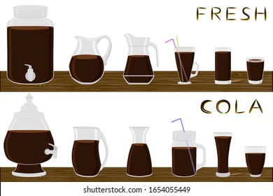 Illustration on theme big kit different types pitcher, cola in jugs various size. Pitcher consisting of organic plastic jugs for fluid cola. Jugs of cola is pitcher standing on wooden kitchen table.