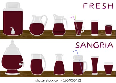 Illustration on theme big kit different types glassware, sangria in jugs various size. Glassware consisting of organic plastic jugs for fluid sangria. Jugs of sangria is glassware on wooden table.