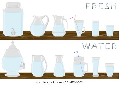 Illustration on theme big kit different types glassware, water in jugs various size. Glassware consisting of organic plastic jugs for fluid water. Jugs of water is glassware standing on wooden table.