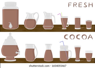 Illustration on theme big kit different types pitcher, cocoa in jugs various size. Pitcher consisting of organic plastic jugs for fluid cocoa. Jugs of cocoa is pitcher standing on wooden kitchen table
