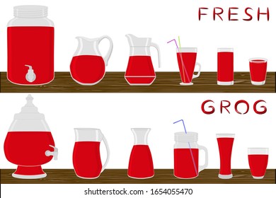 Illustration on theme big kit different types pitcher, grog in jugs various size. Pitcher consisting of organic plastic jugs for fluid grog. Jugs of grog is pitcher standing on wooden kitchen table.