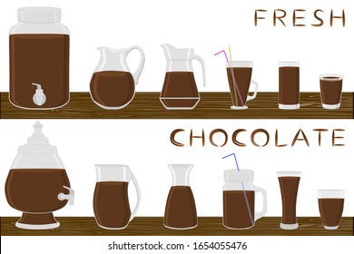 Illustration on theme big kit different types pitcher, chocolate jugs various size. Pitcher consisting of organic plastic jugs for fluid chocolate. Jugs of chocolate is pitcher on wooden kitchen table