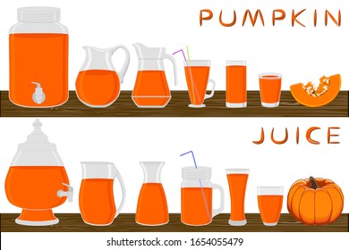 Illustration auf Thema große Kit verschiedene Arten von Glaswaren, Kürbiskreide Jungen verschiedener Größe. Glaswaren, bestehend aus organischen Krügen aus Kunststoff für flüssigen Kürbis. Kürbis Kürbis es Glaswaren stehen auf Holztisch.