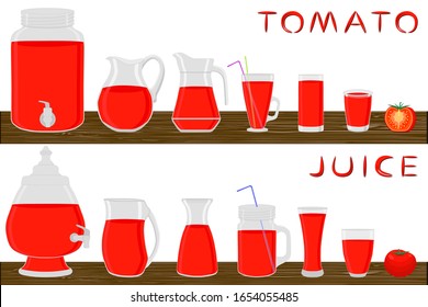 Illustration on theme big kit different types pitcher, tomato jugs various size. Pitcher consisting of organic plastic jugs for fluid tomato. Jugs tomato it pitcher standing on wooden kitchen table.