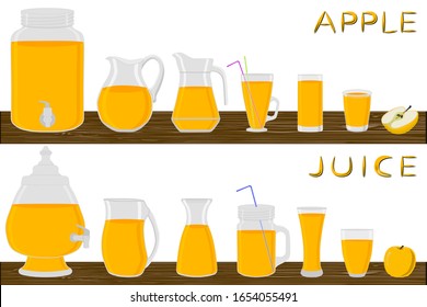 Illustration on theme big kit different types pitcher, apple jugs various size. Pitcher consisting of organic plastic jugs for fluid apple. Jugs of apple is pitcher standing on wooden kitchen table.