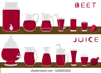 Illustration on theme big kit different types glassware, beet jugs various size. Glassware consisting of organic plastic jugs for fluid beet. Jugs of bright beet it glassware standing on wooden table.