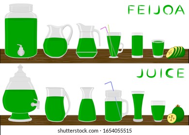 Illustration on theme big kit different types pitcher, feijoa jugs various size. Pitcher consisting of organic plastic jugs for fluid feijoa. Jugs of feijoa is pitcher standing on wooden kitchen table