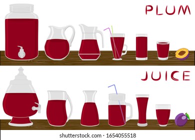Illustration on theme big kit different types pitcher, plum jugs various size. Pitcher consisting of organic plastic jugs for fluid plum. Jugs of plum it pitcher standing on wooden big kitchen table.