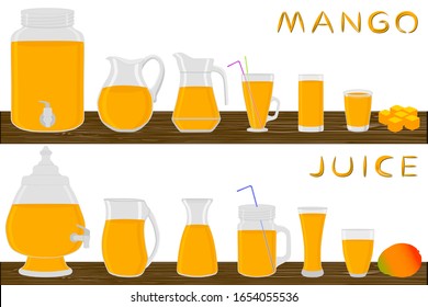 Illustration on theme big kit different types glassware, mango jugs various size. Glassware consisting of organic plastic jugs for fluid mango. Jugs of mango it glassware standing on wooden table.