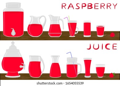 Illustration on theme big kit different types pitcher, raspberry jugs various size. Pitcher consisting of organic plastic jugs for fluid raspberry. Jugs of raspberry it pitcher on wooden kitchen table
