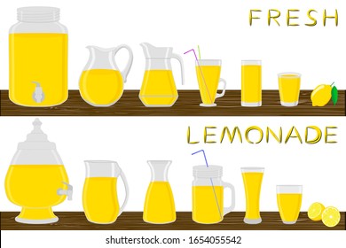 Illustration on theme big kit different types glassware, lemonade in jugs various size. Glassware consisting of organic plastic jugs for fluid lemonade. Jugs of lemonade it glassware on wooden table.