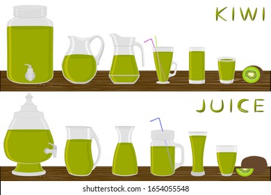 Illustration on theme big kit different types pitcher, kiwi jugs various size. Pitcher consisting of organic plastic jug for fluid kiwi. Jugs of bright kiwi it pitcher standing on wooden kitchen table