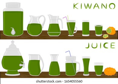 Illustration on theme big kit different types pitcher, kiwano jugs various size. Pitcher consisting of organic plastic jugs for fluid kiwano. Jugs of kiwano it pitcher standing on wooden kitchen table
