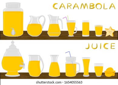 Illustration on theme big kit different types pitcher, carambola jugs various size. Pitcher consisting of organic plastic jugs for fluid carambola. Jugs of carambola it pitcher on wooden kitchen table