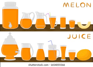 Illustration on theme big kit different types pitcher, melon in jugs various size. Pitcher consisting of organic plastic jugs for fluid melon. Jugs of melon it pitcher standing on wooden kitchen table