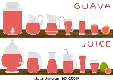 Illustration on theme big kit different types pitcher, guava in jugs various size. Pitcher consisting of organic plastic jugs for fluid guava. Jugs of guava it pitcher standing on wooden kitchen table