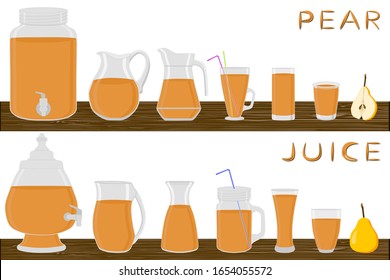 Ilustración sobre el tema gran kit de diferentes tipos de vidrio, pera en jarras de diferentes tamaños. Vidrio compuesto por jarras de plástico orgánico para pera fluida. Saltos de pera de vidrio sobre una mesa de madera.