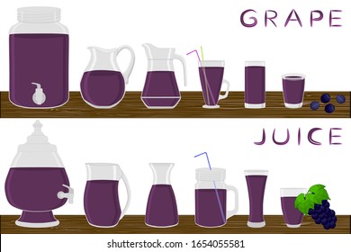 Illustration on theme big kit different types glassware, grape in jugs various size. Glassware consisting of organic plastic jugs for fluid grape. Jugs of grape it glassware standing on wooden table.