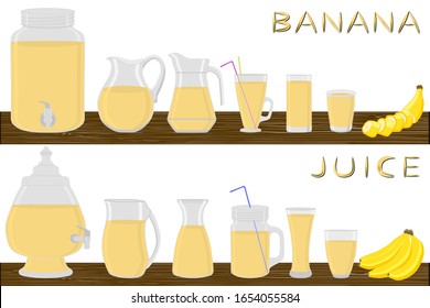 Illustration on theme big kit different types pitcher, banana jugs various size. Pitcher consisting of organic plastic jugs for fluid banana. Jugs of banana it pitcher standing on wooden kitchen table