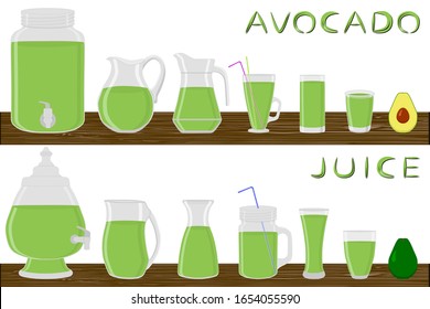 Illustration on theme big kit different types glassware, avocado jugs various size. Glassware consisting of organic plastic jugs for fluid avocado. Jug of avocado it glassware standing on wooden table