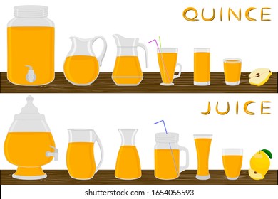 Illustration on theme big kit different types glassware, quince jugs various size. Glassware consisting of organic plastic jugs for fluid quince. Jugs of quince it glassware standing on wooden table.