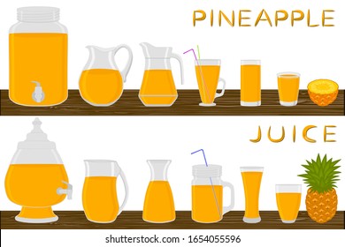 Illustration on theme big kit different types pitcher, pineapple jugs various size. Pitcher consisting of organic plastic jugs for fluid pineapple. Jugs of pineapple it pitcher on wooden kitchen table