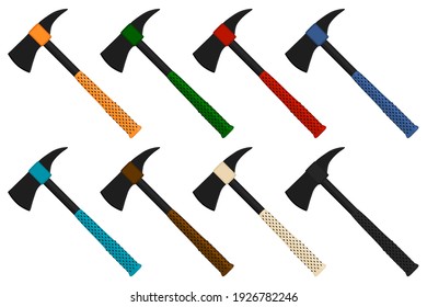 Ilustración sobre el tema grandes ejes de acero kit con mango de madera, hacha metálica para la caza. Faxo de patrón compuesto por muchos ejes diferentes sobre fondo blanco. Ejes forjados, principal macho accesorio, hacha para supervivencia