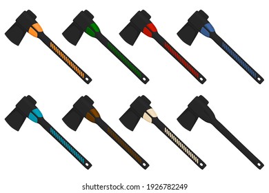 Ilustración sobre el tema grandes ejes de acero kit con mango de madera, hacha metálica para la caza. Faxo de patrón compuesto por muchos ejes diferentes sobre fondo blanco. Ejes forjados, principal macho accesorio, hacha para supervivencia