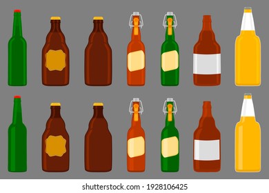 Illustration on theme big kit beer glass bottles with lid for brewery. Pattern beer consisting of many identical glass bottles on dark background. Glass bottles it main accessory for beer gourmet.