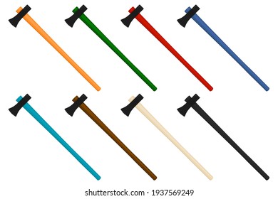 Ilustración sobre el tema grandes ejes de acero kit con mango de madera, hacha metálica para la caza. Faxo de patrón compuesto por muchos ejes diferentes sobre fondo blanco. Ejes forjados, principal macho accesorio, hacha para supervivencia