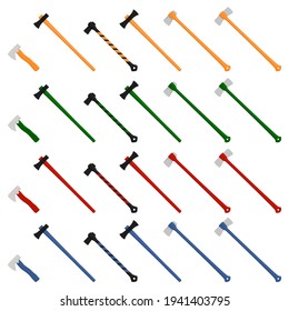 Illustration on theme big kit steel axes with wooden handle, metal ax for hunting. Pattern ax consisting of many different axes on white background. Forged axes it main accessory male, ax for survival
